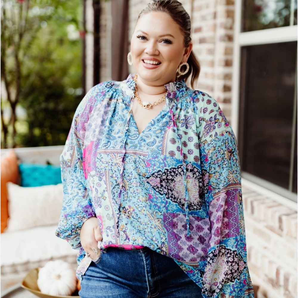91.) Fate Women's Blue and Purple Patchwork Blouse